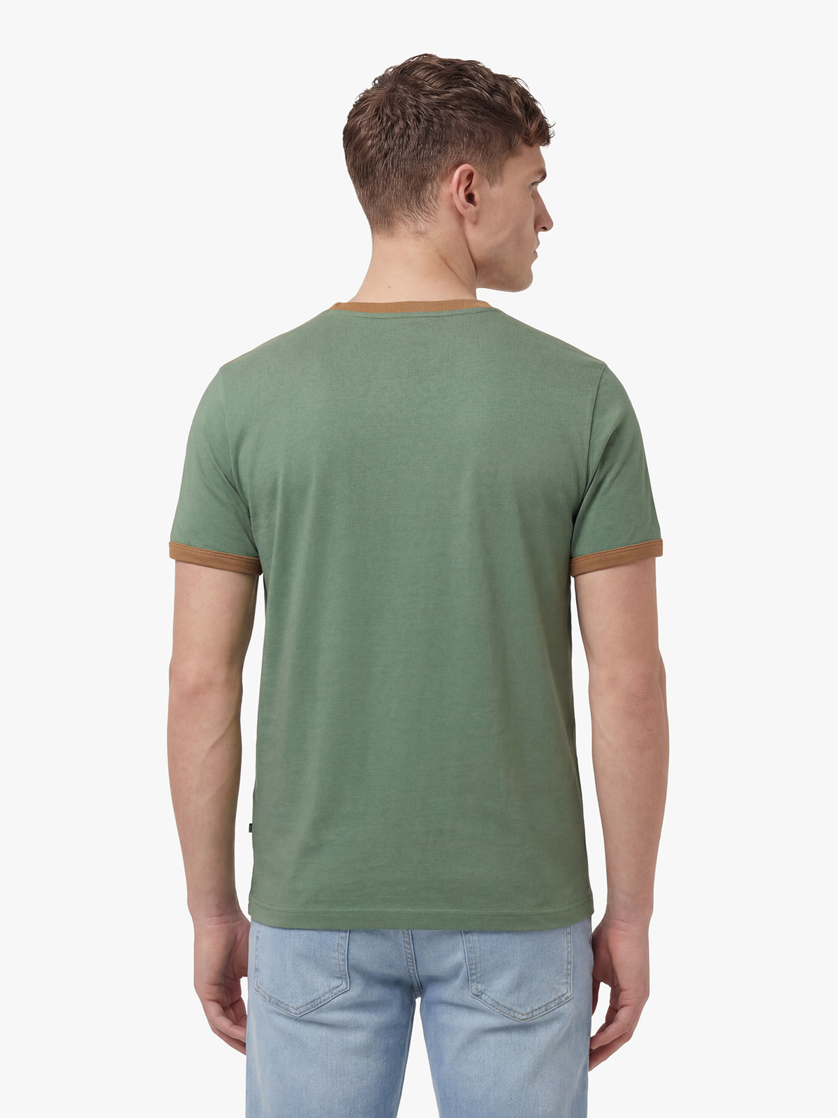Men's green t-shirt with crew neck and short sleeves, back view