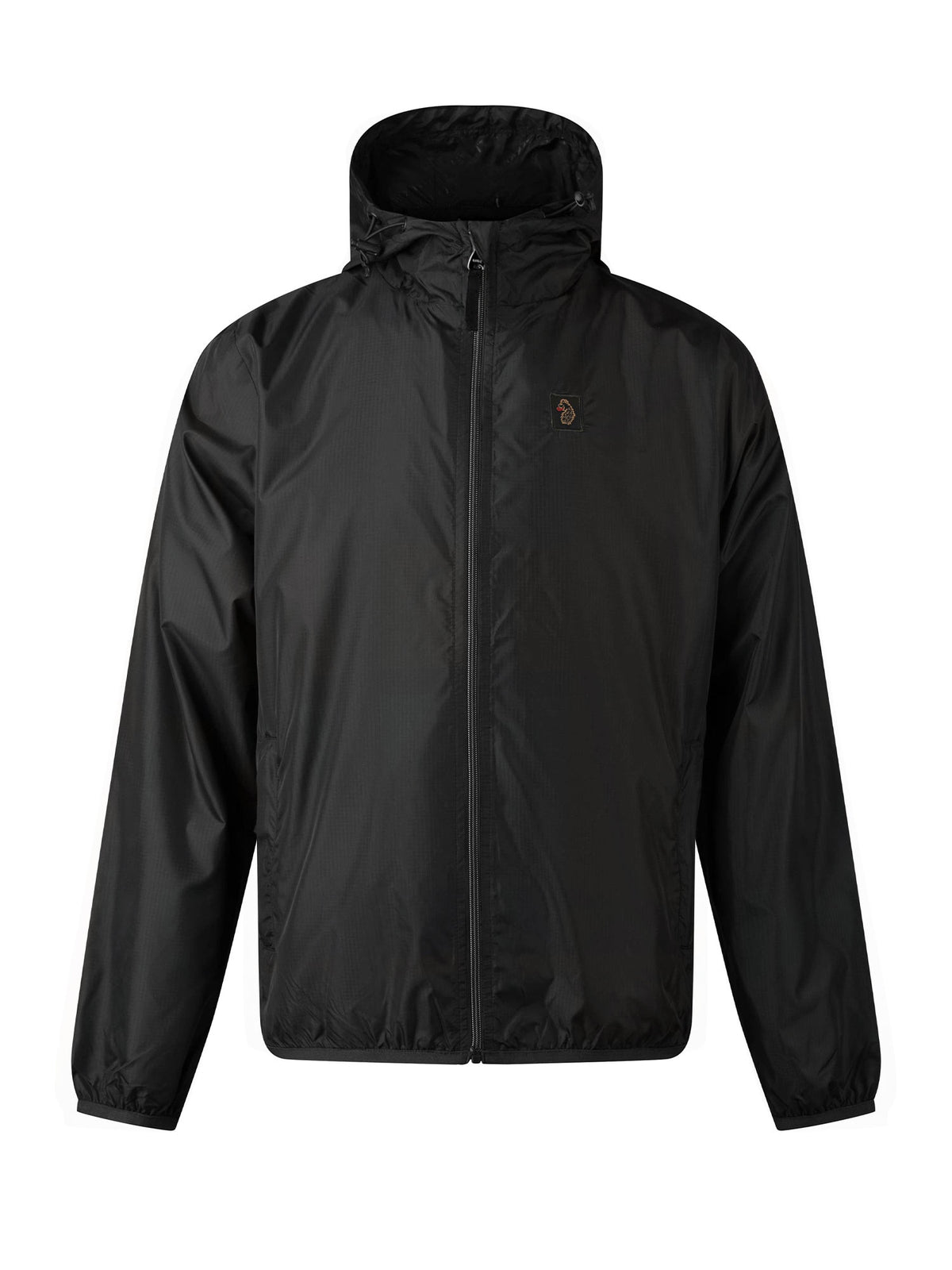 Men's black jacket with zip-up front, front view