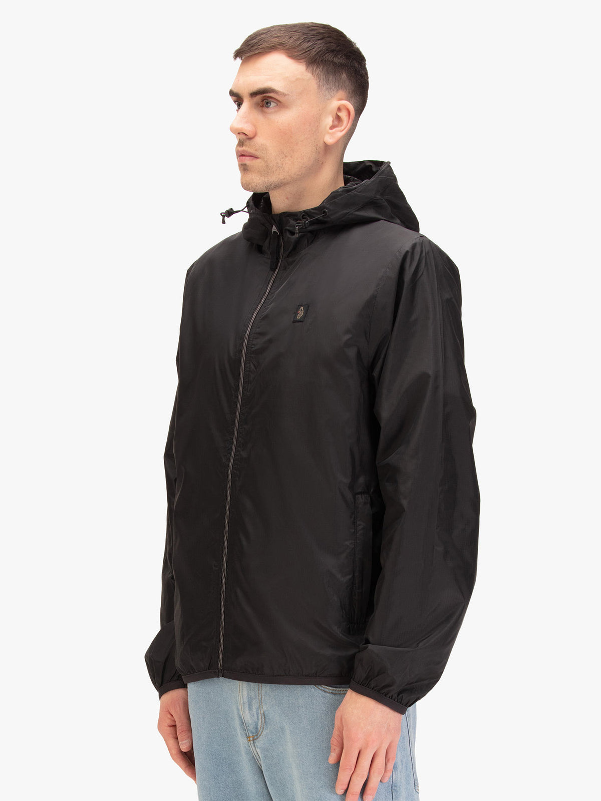 Men's black jacket with zip-up front, back view