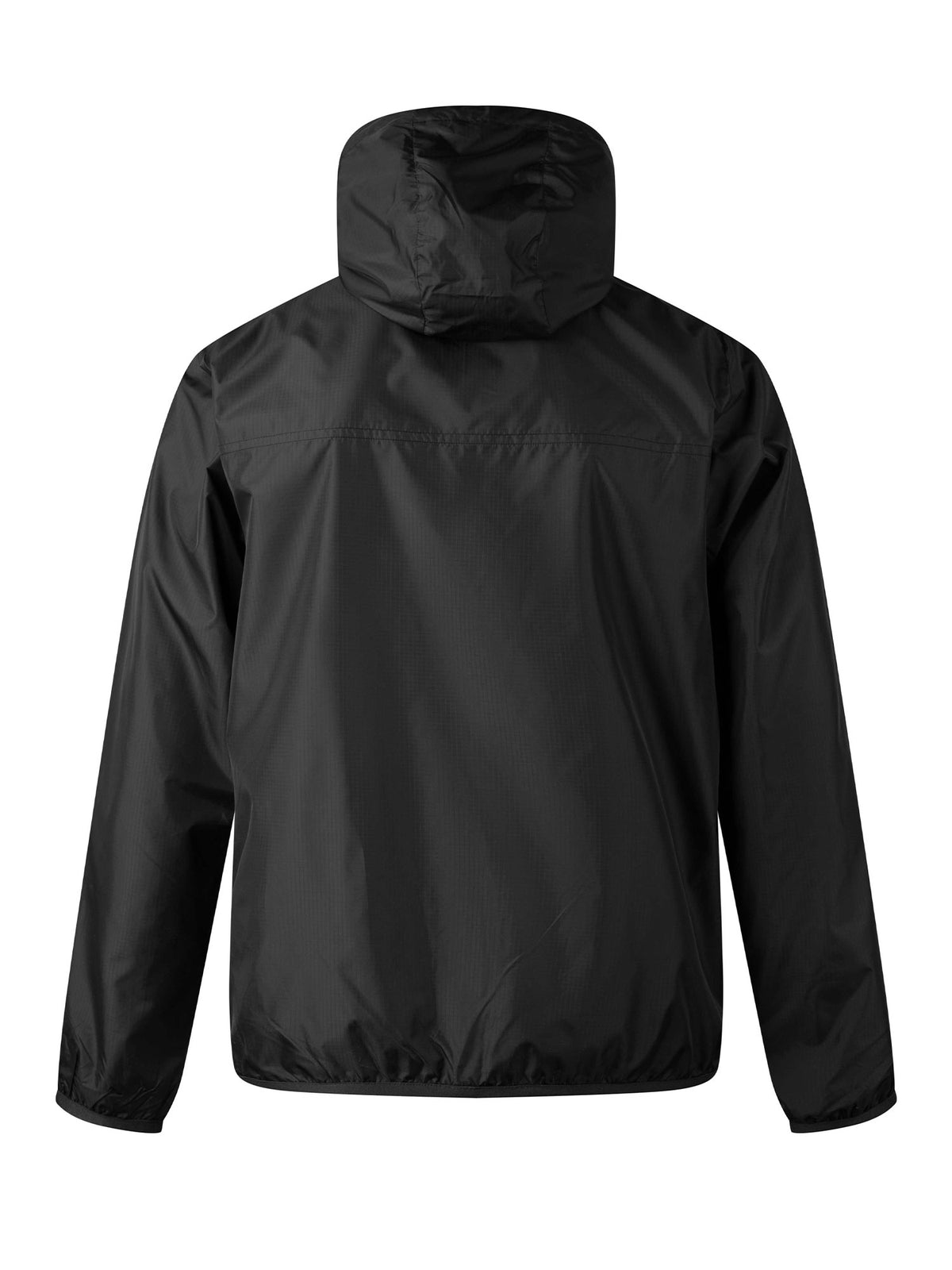 Men's black jacket with zip-up front, side view