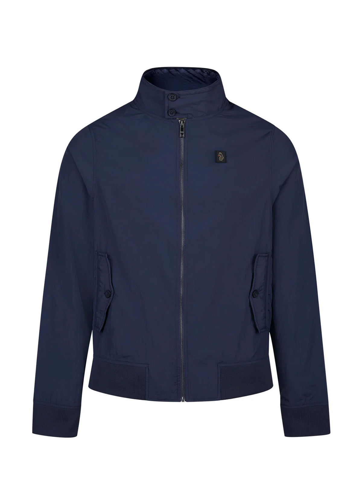 Men's navy jacket with zip-up front and front pocket, front view