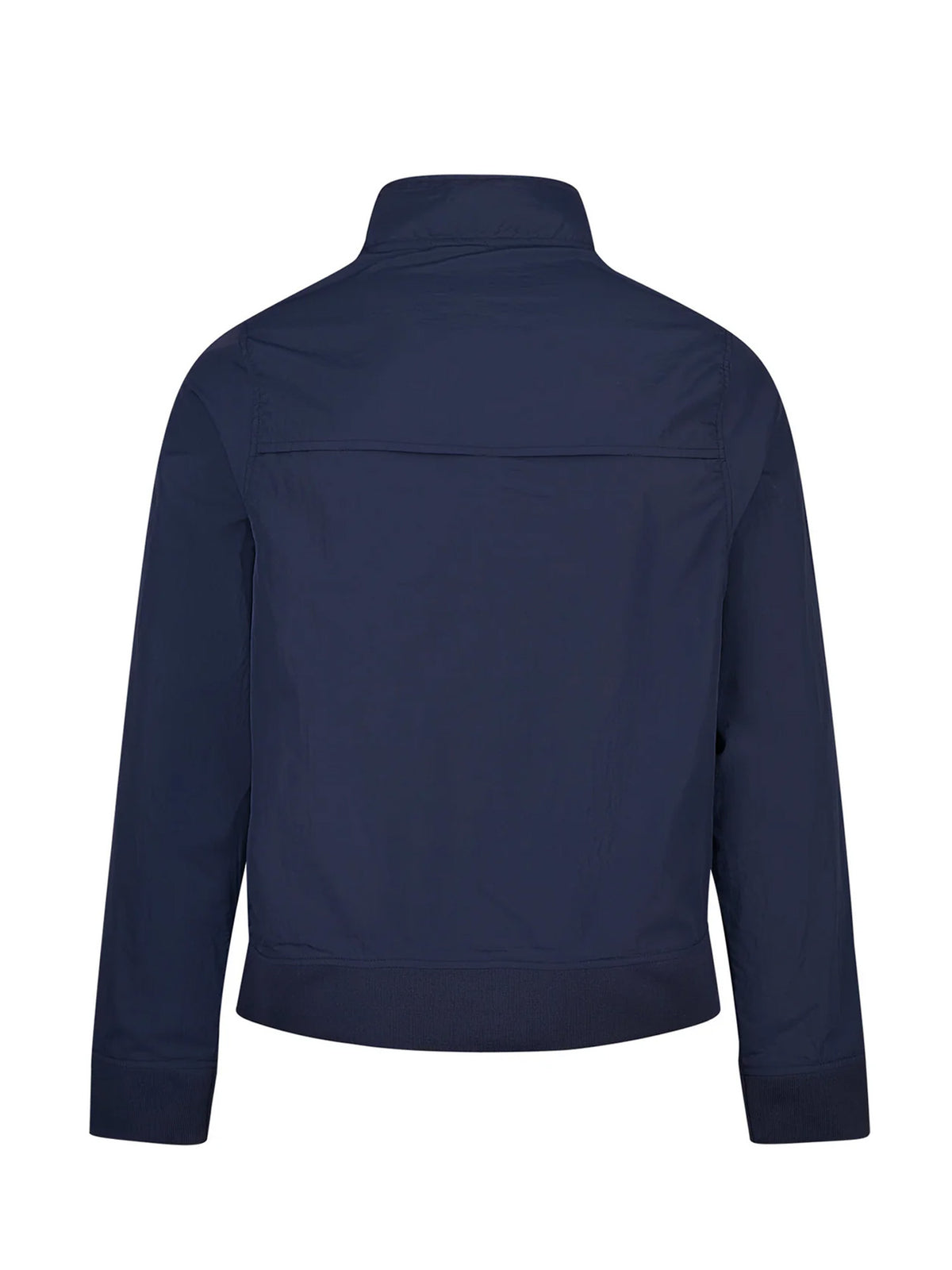 Men's navy jacket with zip-up front and front pocket, side view