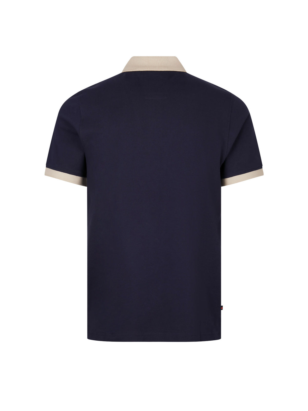 Men's navy polo shirt with polo collar, back view