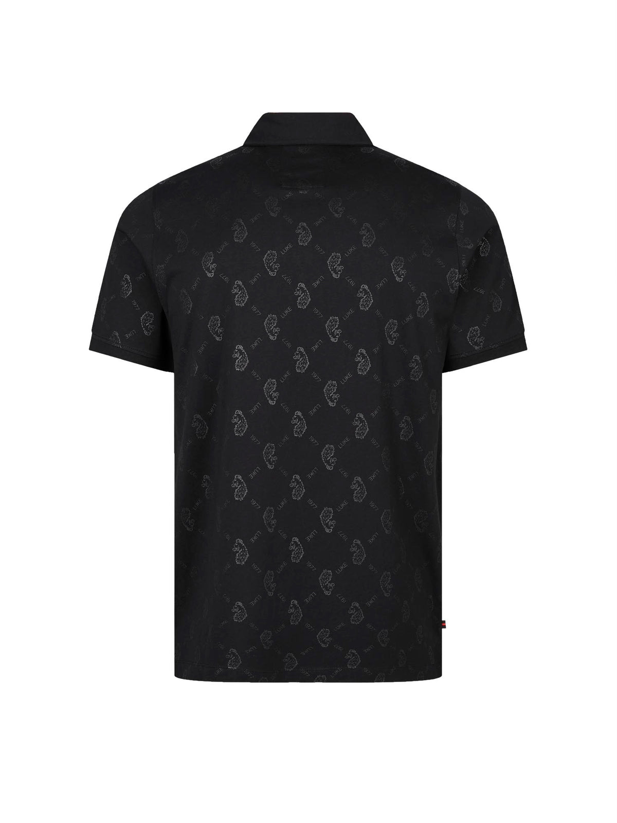 Men's black polo shirt with polo collar, back view