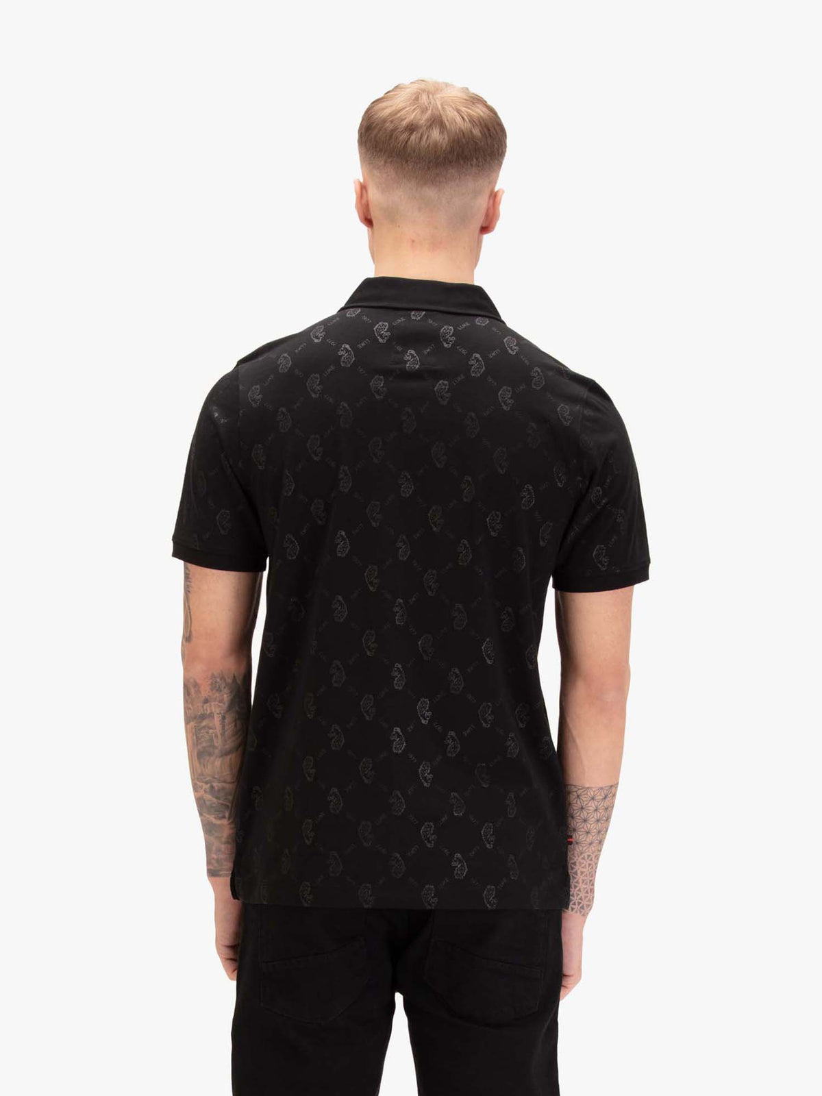 Men's black polo shirt with polo collar, worn by a model, back view