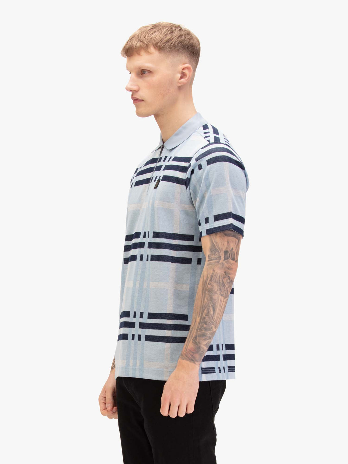 Men's blue polo shirt with polo collar, back view