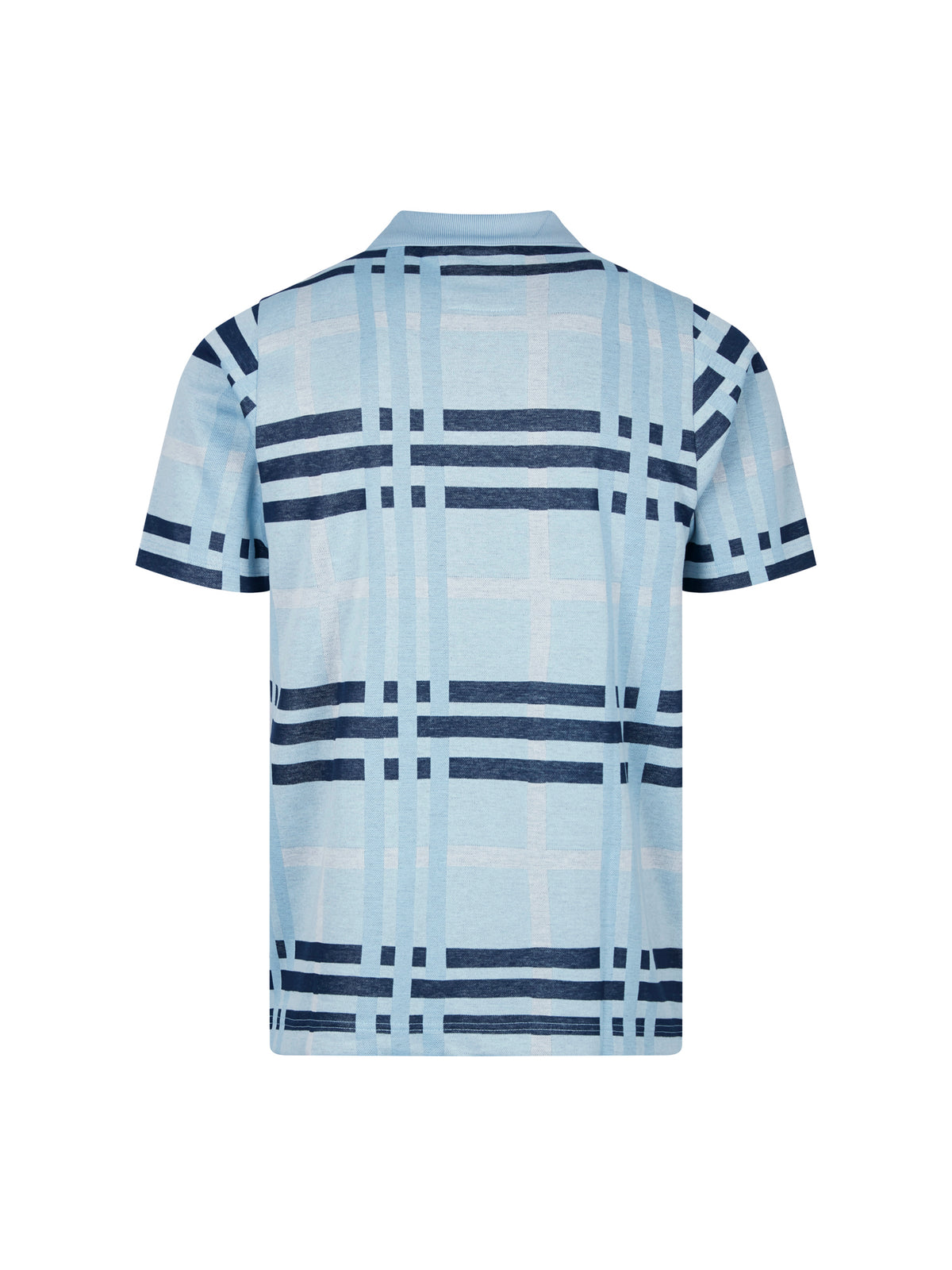 Men's blue polo shirt with polo collar, side view