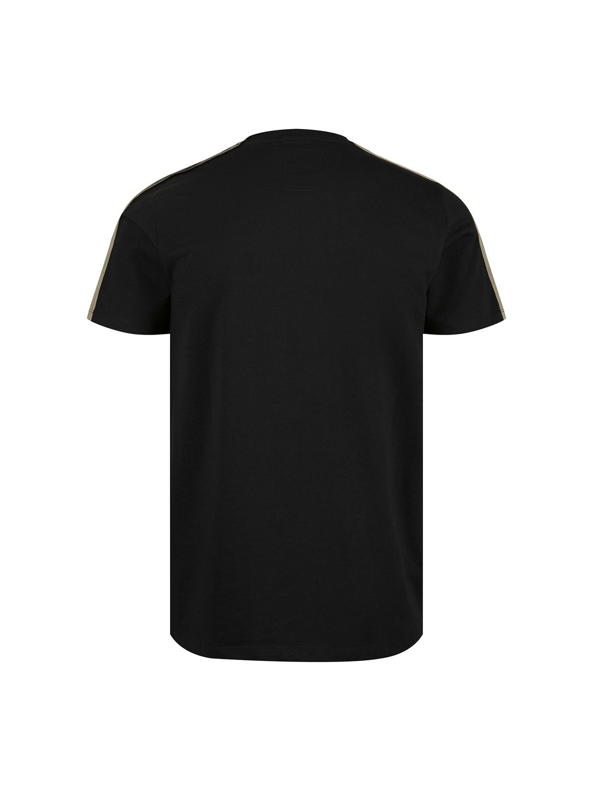Men's black t-shirt with crew neck and short sleeves, detail view