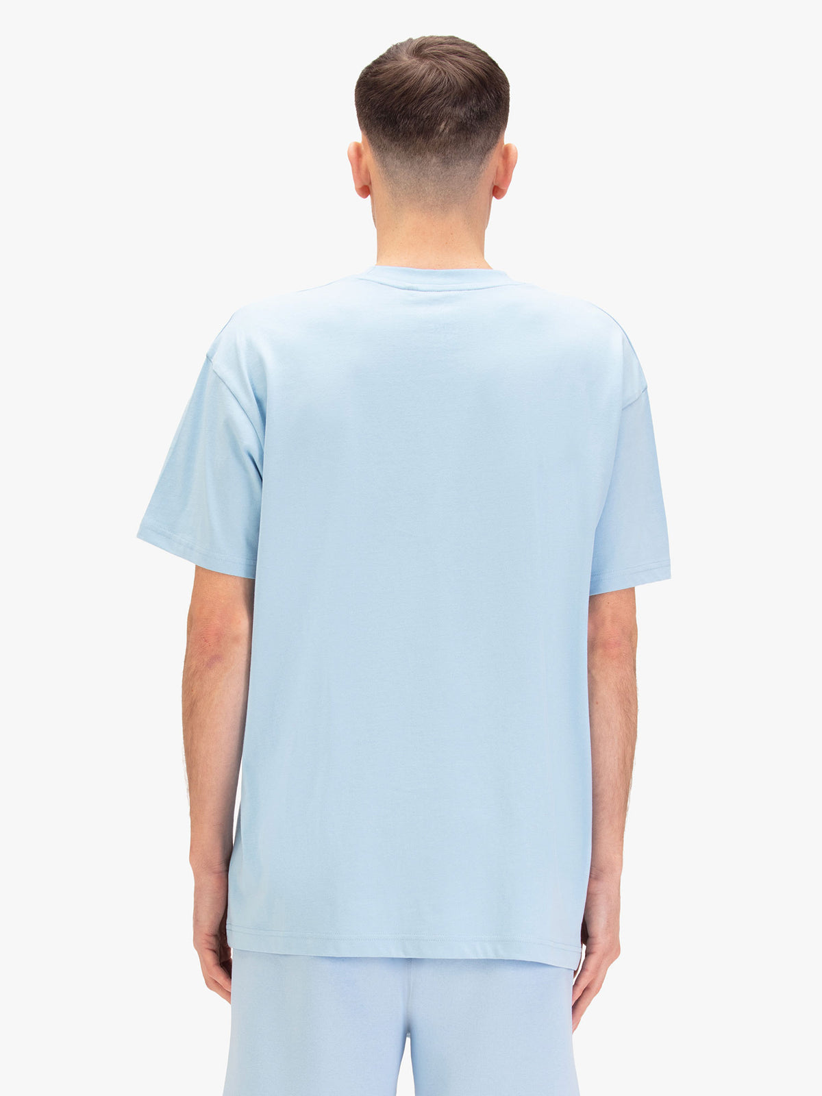Men's relaxed-fit blue t-shirt with crew neck and short sleeves, worn by a model, back view