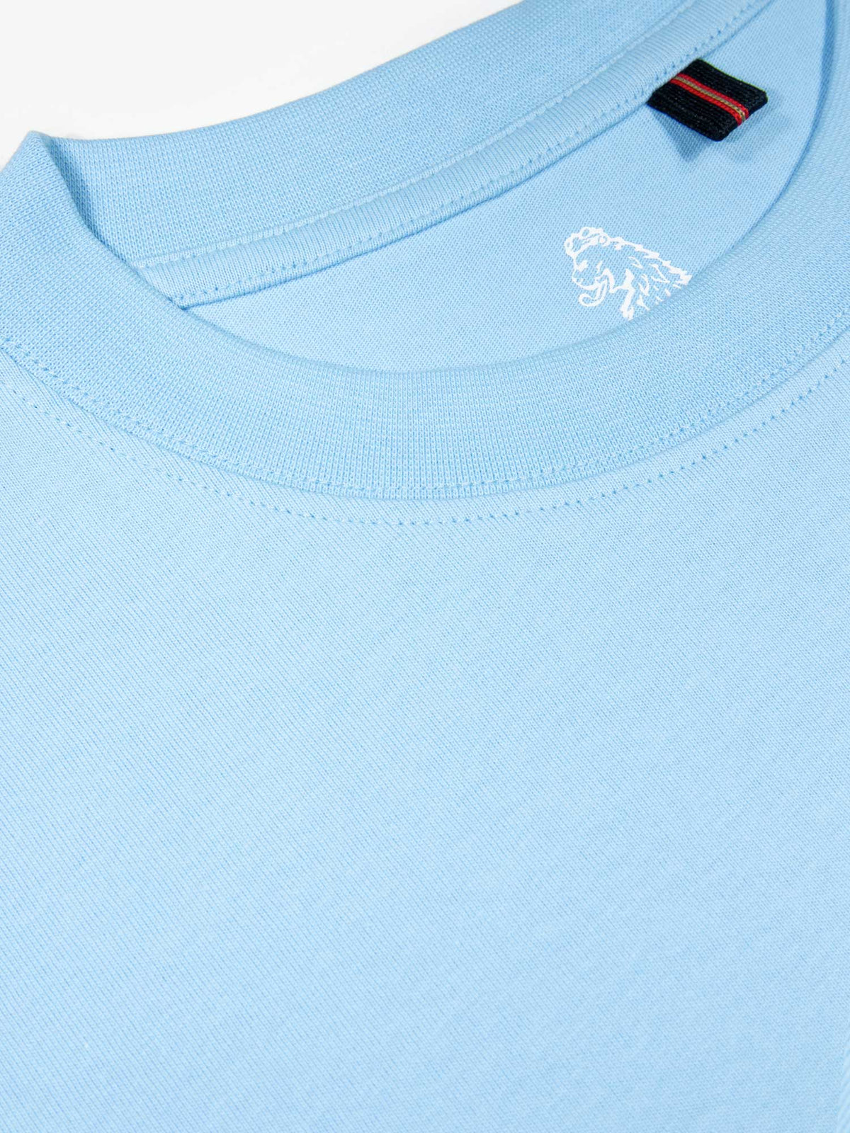Men's relaxed-fit blue t-shirt with crew neck and short sleeves, detail view