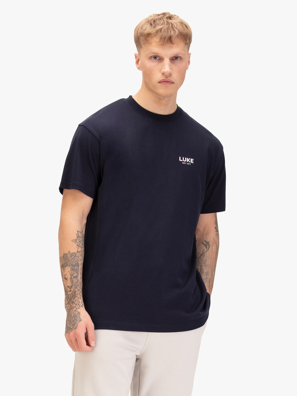 Man wearing navy LUKE 1977 Exquisite relaxed fit t-shirt, front view