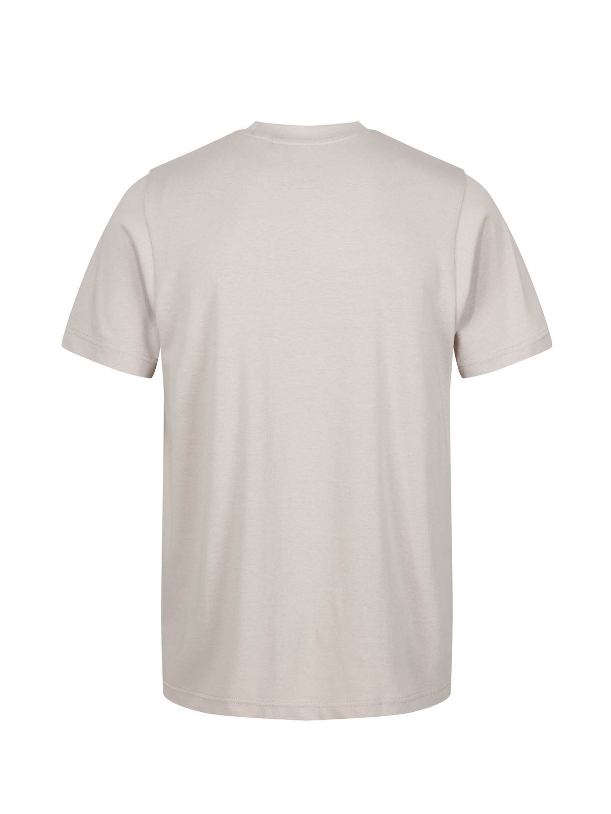 Men's beige t-shirt with crew neck and short sleeves worn by a model - front view.