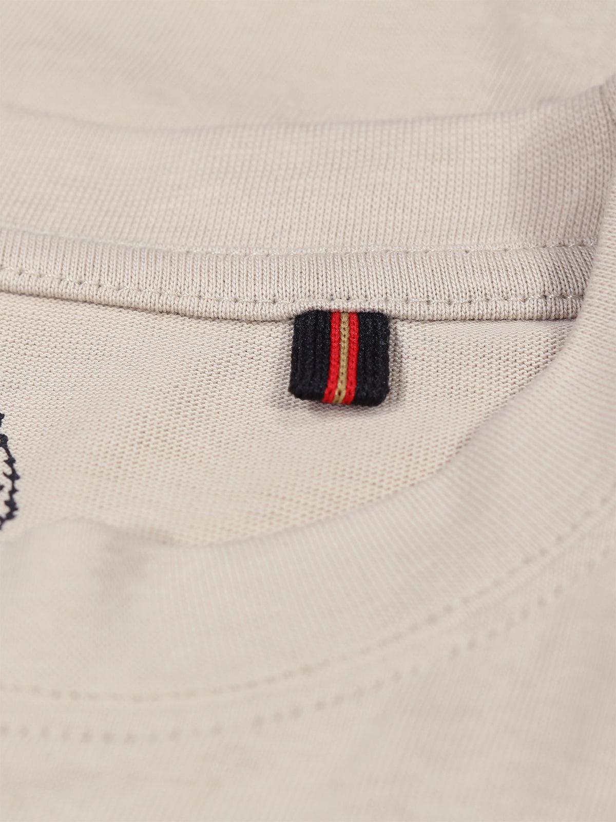 Men's beige t-shirt with crew neck and short sleeves worn by a model - back view.