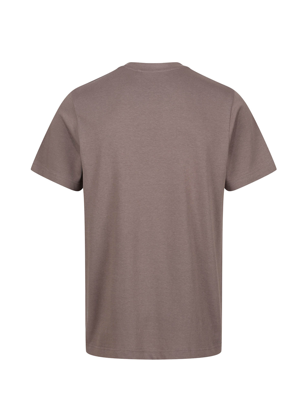 Men's brown t-shirt with crew neck and short sleeves worn by a model - front view.