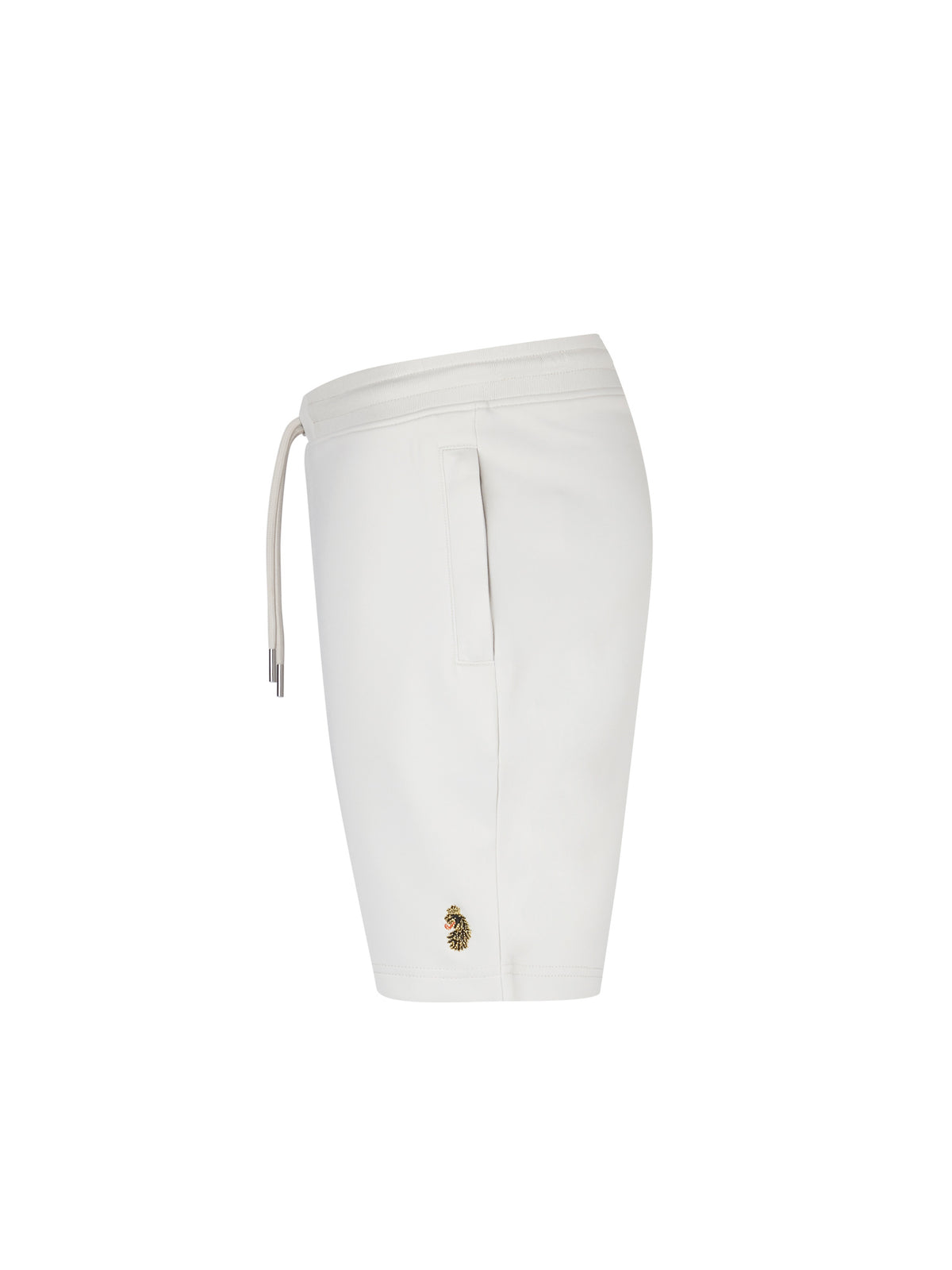 Men's grey shorts with drawstring waistband, side view