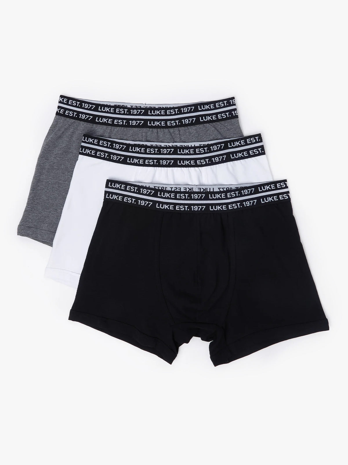LUKE 1977 Captain men's 3 pack boxers in black, grey and white with LUKE EST. 1977 waistband