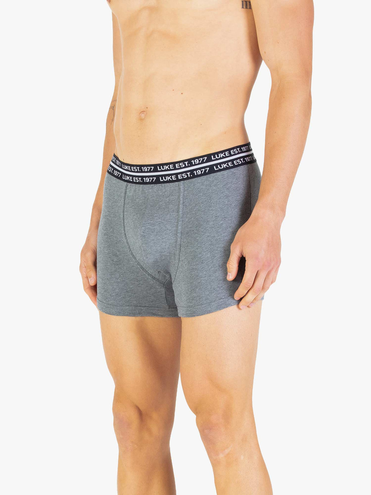 Man wearing grey LUKE 1977 Captain boxers from the 3 pack, angled front view