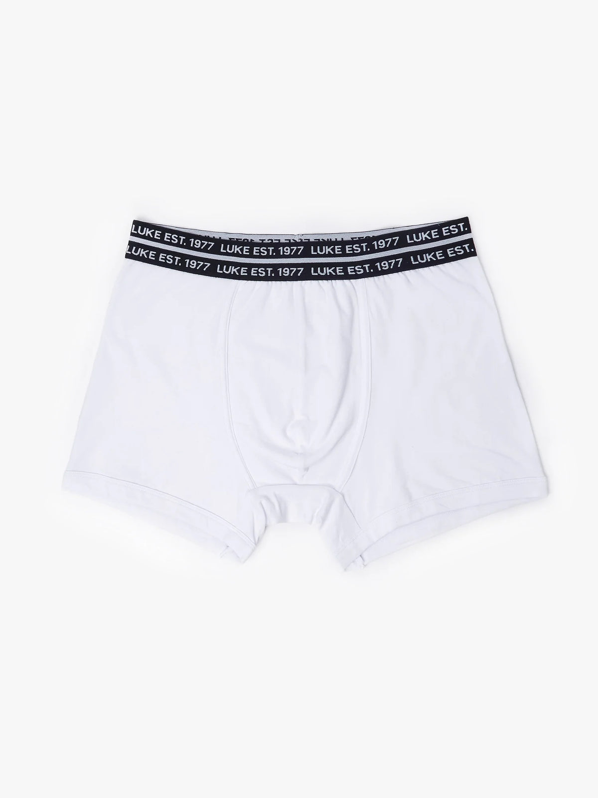 White LUKE 1977 Captain cotton boxers with LUKE EST. 1977 waistband, front view