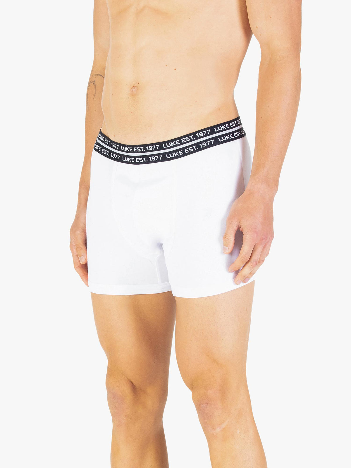 Man wearing white LUKE 1977 Captain boxers from the 3 pack, front view