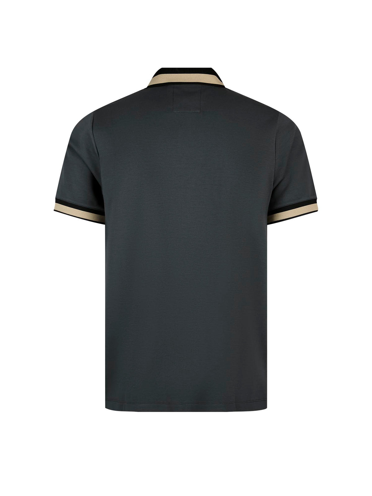Back of charcoal LUKE 1977 Makati cotton pique polo shirt with striped rib cuffs