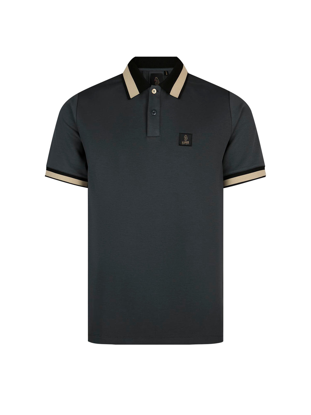 LUKE 1977 Makati men's cotton pique polo shirt in charcoal with black and gold honeycomb stripe rib