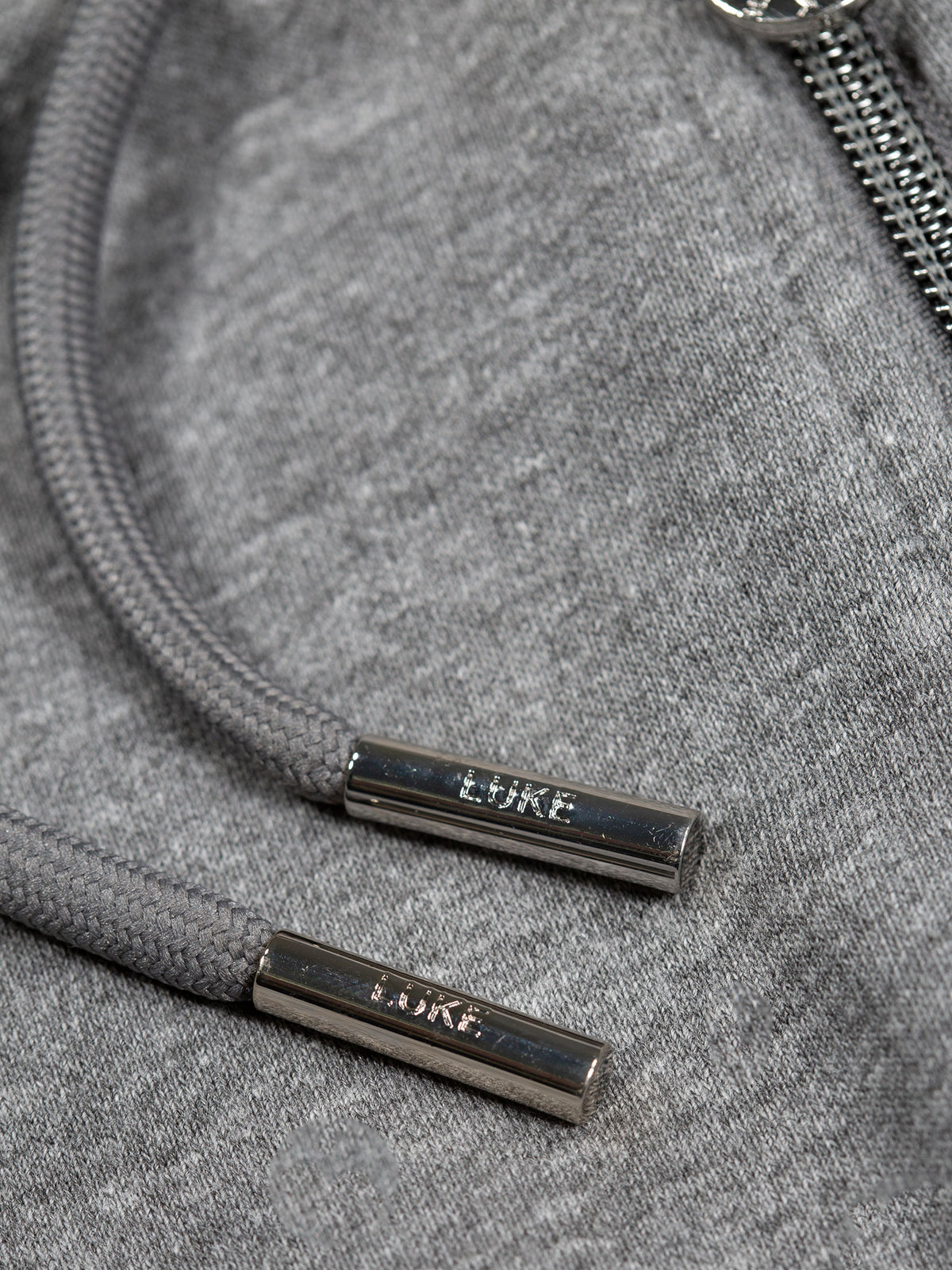 Men's grey hoodie with front pocket and drawstring hood.