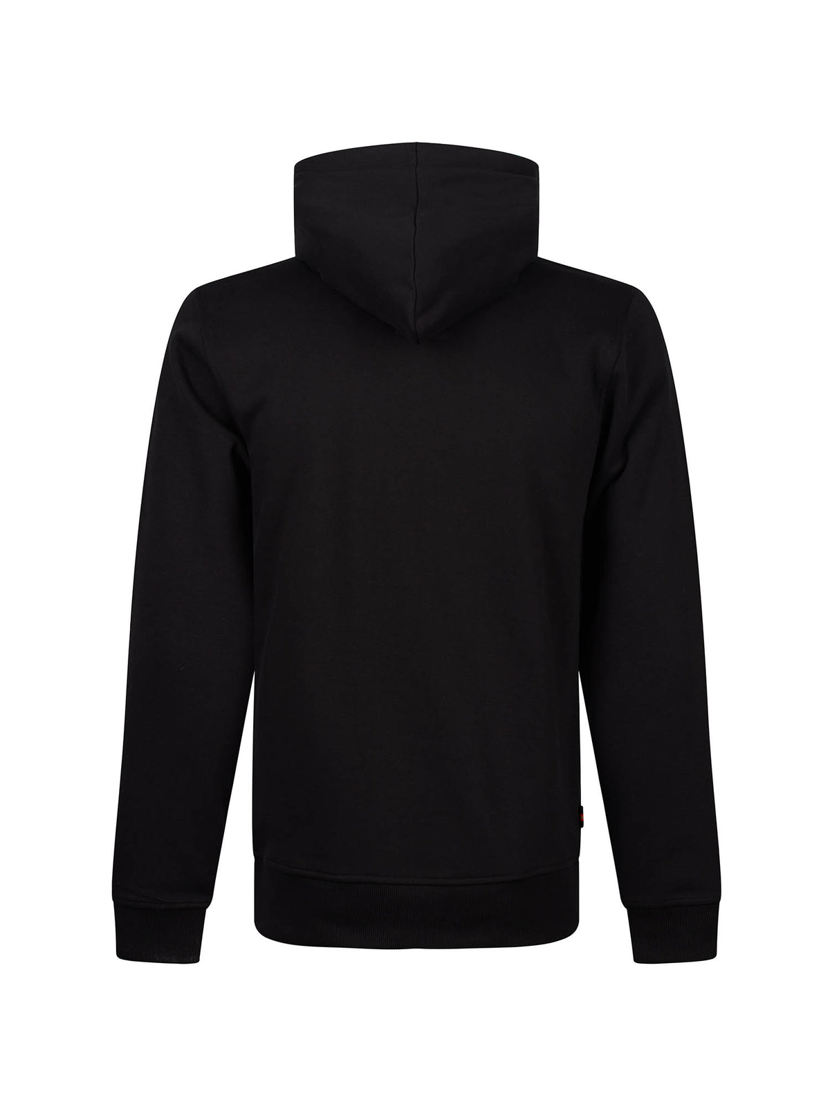 Men's black hoodie with front pocket and drawstring hood.