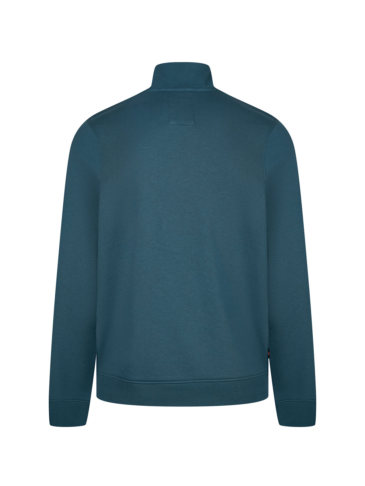Men's blue sweatshirt with quarter-zip neck, side view