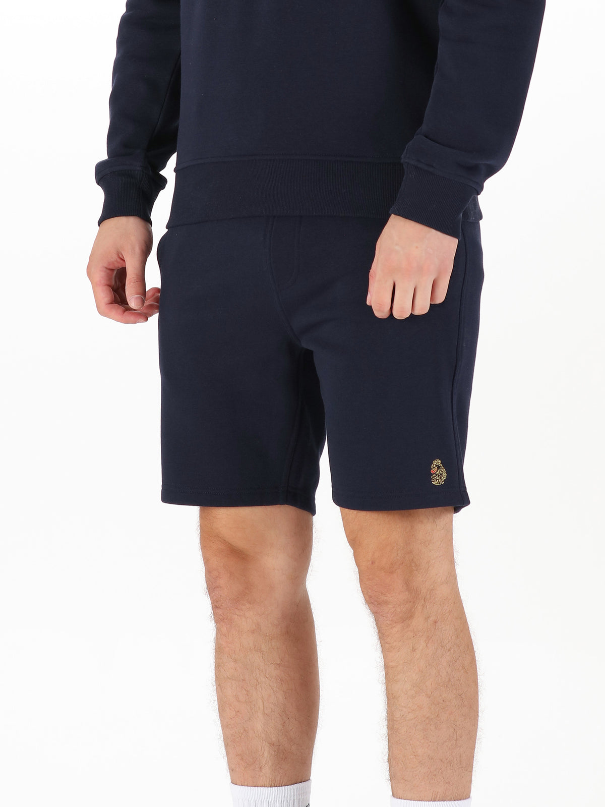 Men's navy shorts with drawstring waistband.