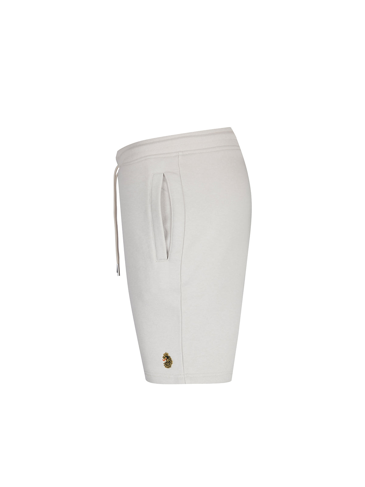 Men's grey shorts with drawstring waistband, side view