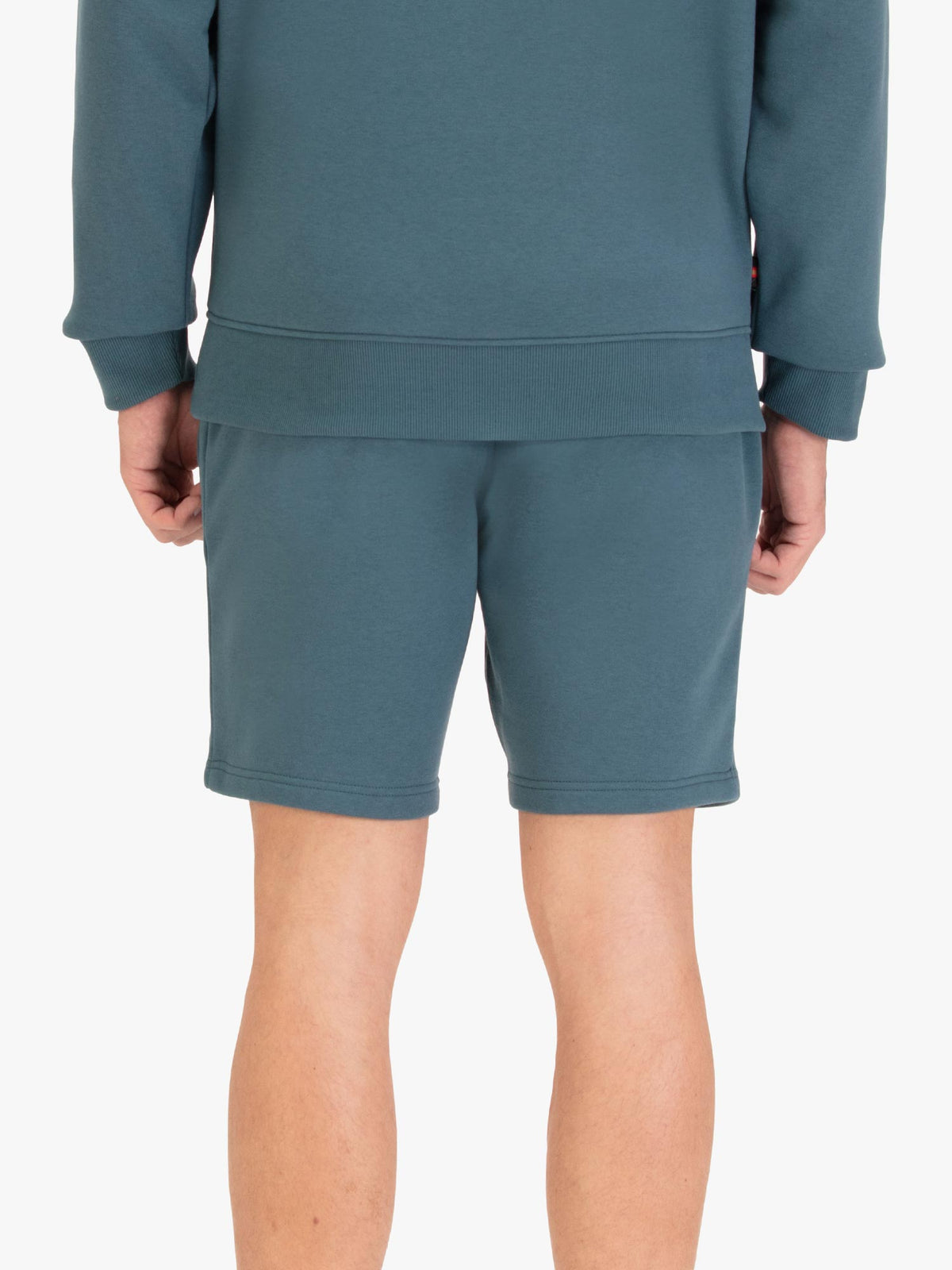 Men's blue shorts with drawstring waistband, worn by a model, back view