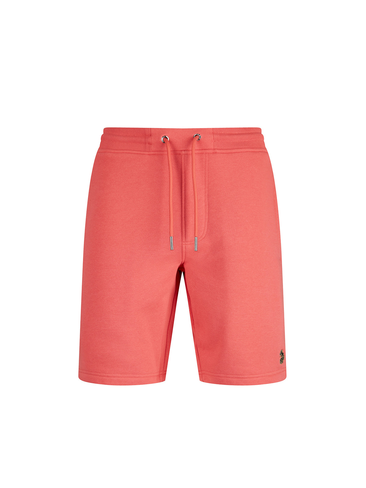Men's red shorts with drawstring waistband, front view