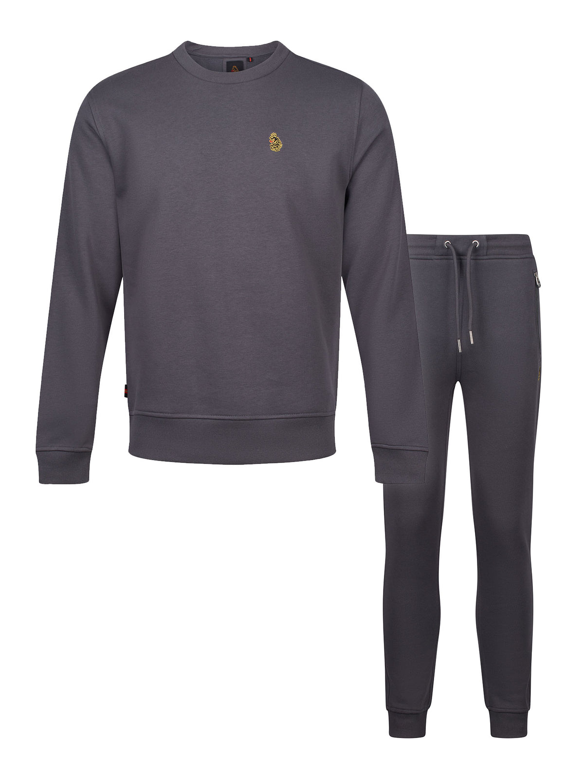 Men's grey tracksuit with crew neck sweatshirt and matching joggers.