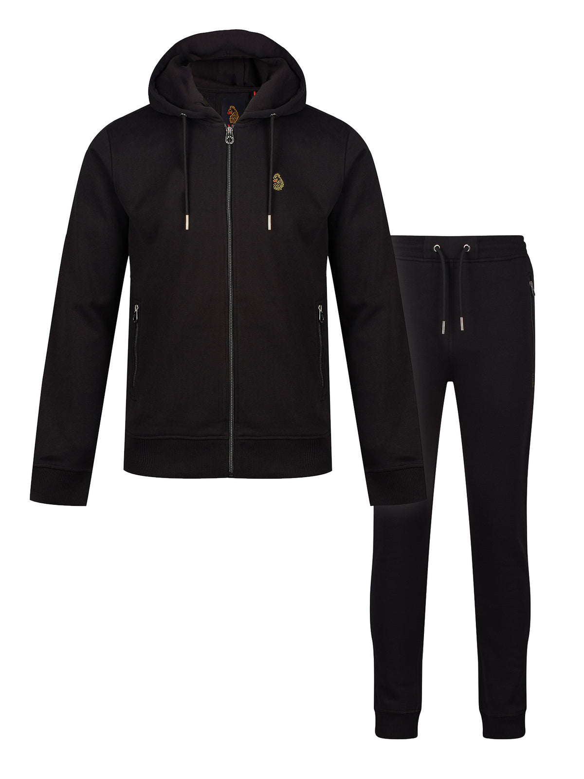 Men's black tracksuit with zip-up hoodie and matching joggers.