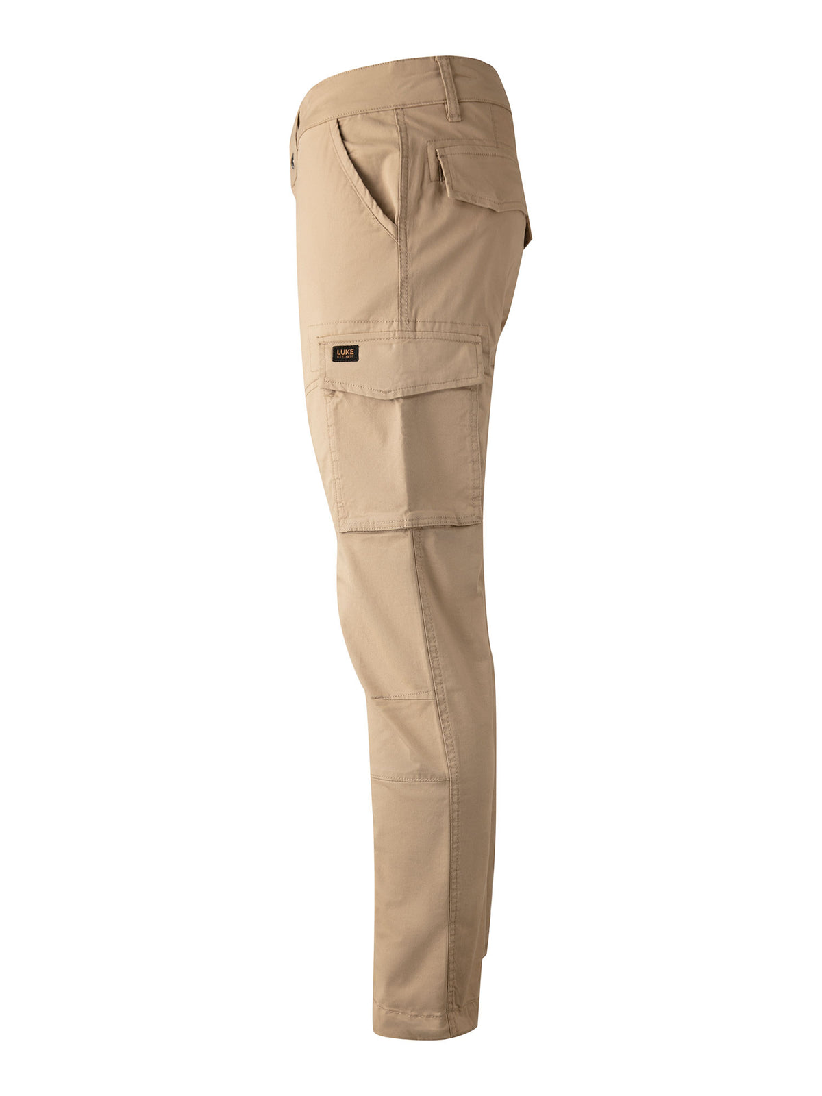Men's beige cargo trousers with cargo pockets.
