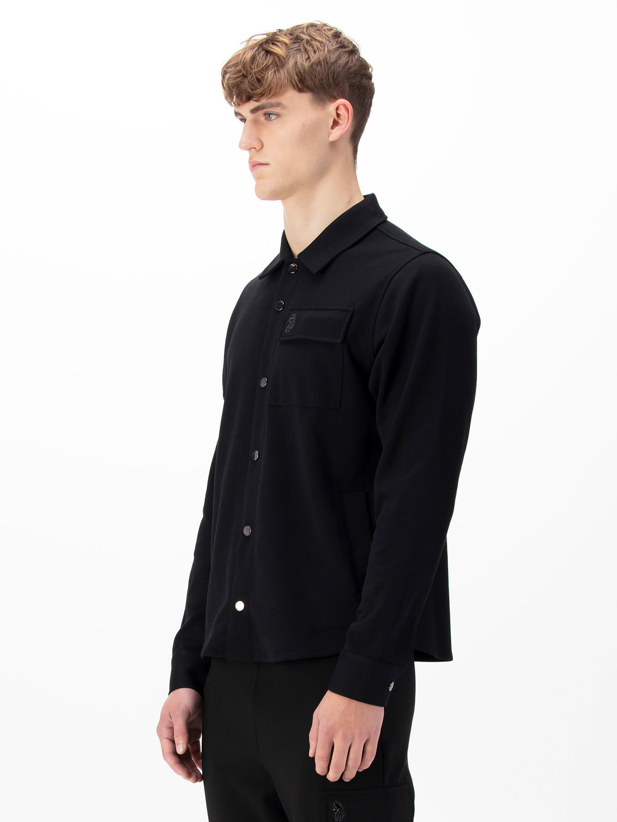 Men's black shirt with button-up front.