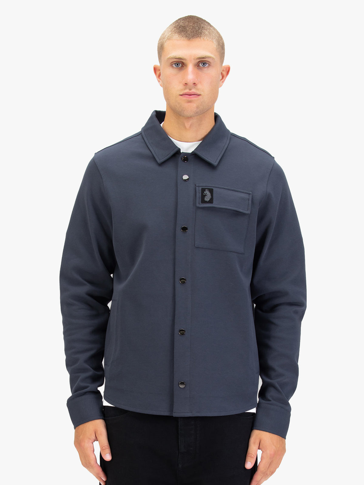 Men's grey shirt with button-up front.