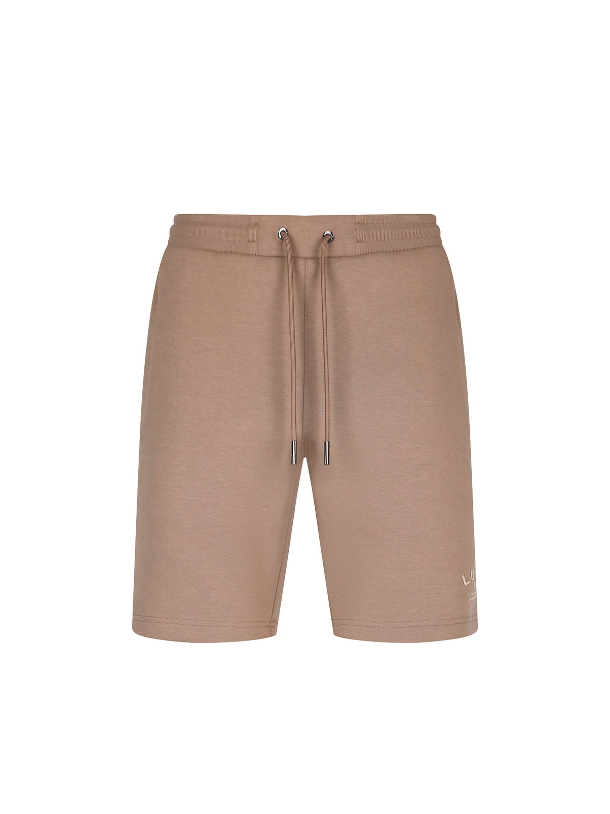 Men's brown shorts with drawstring waistband, front view