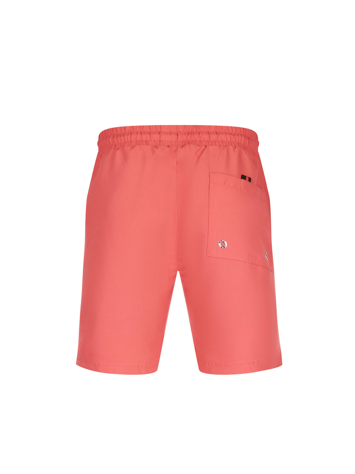 Men's red swim shorts with drawstring waistband, back view