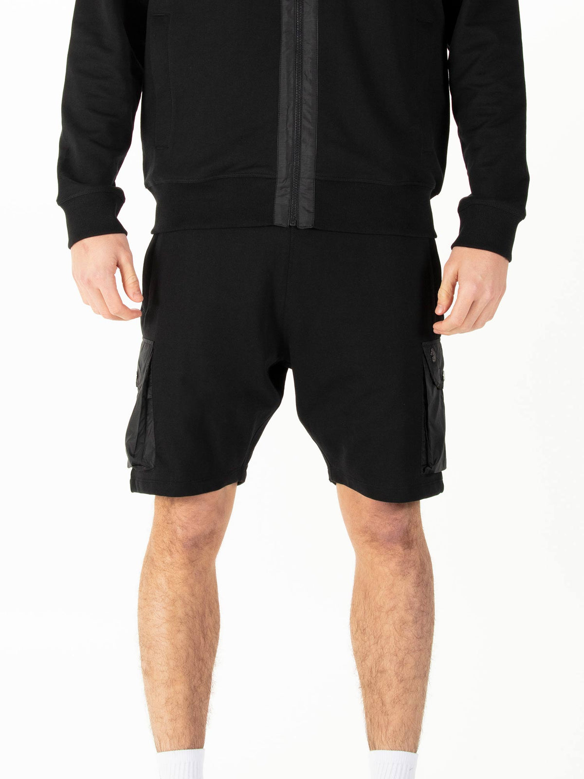Men's black shorts with drawstring waistband.