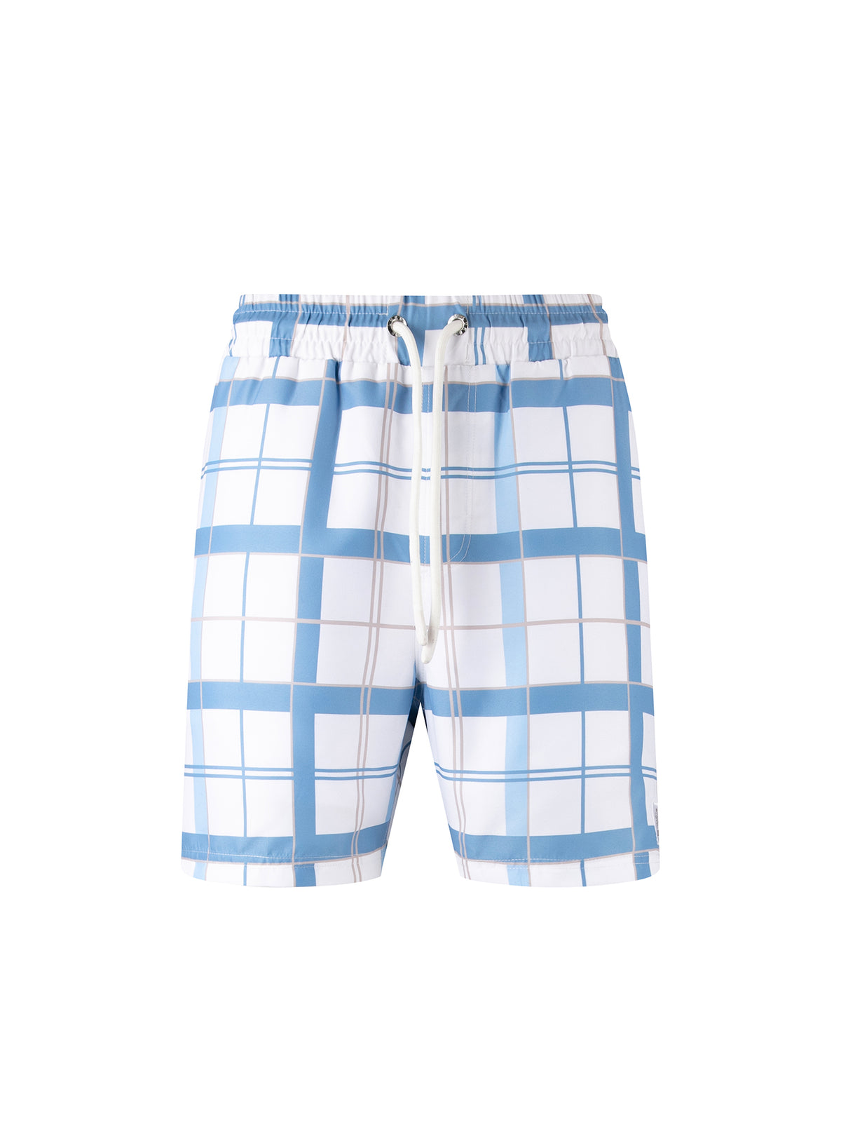 Men's white swim shorts with drawstring waistband.