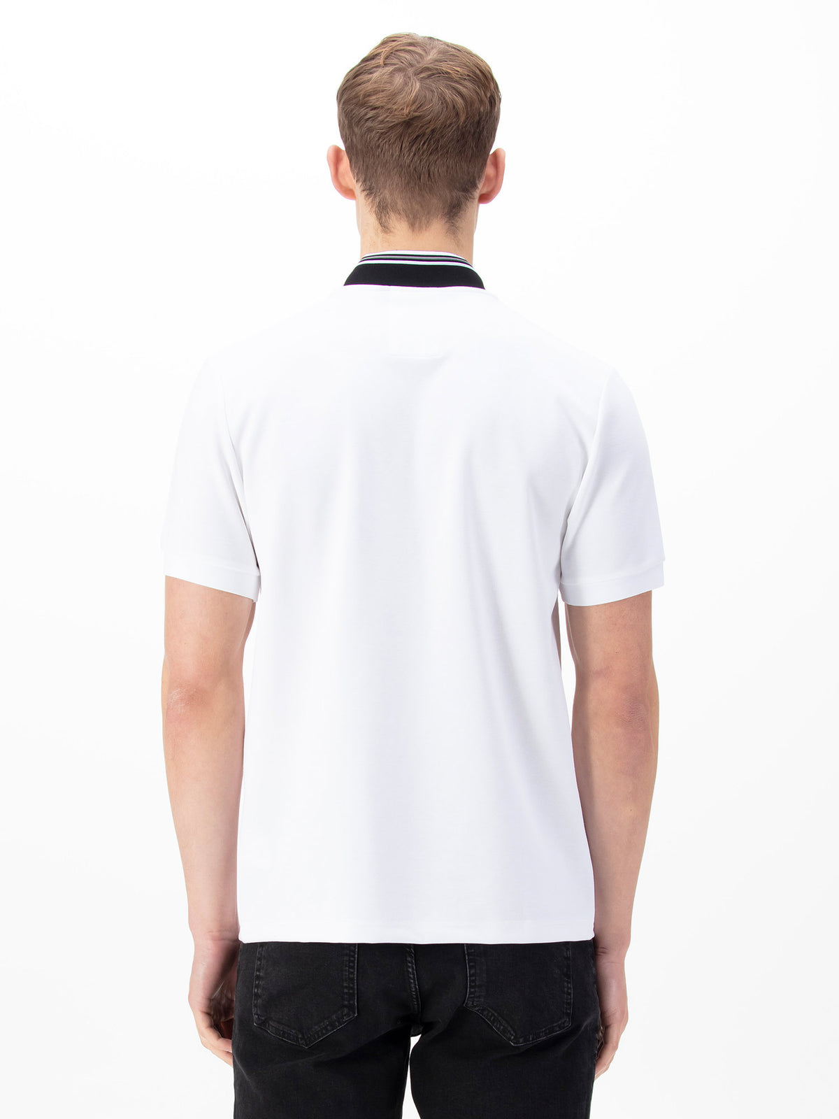 Men's white polo shirt with polo collar.