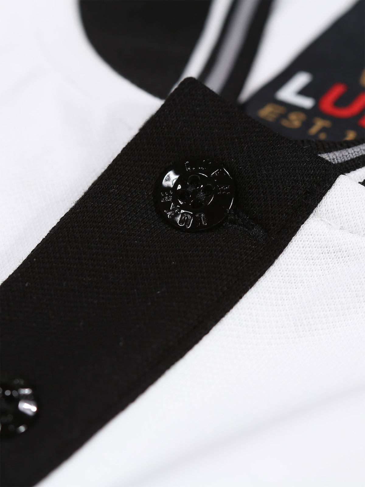 Men's white polo shirt with polo collar.