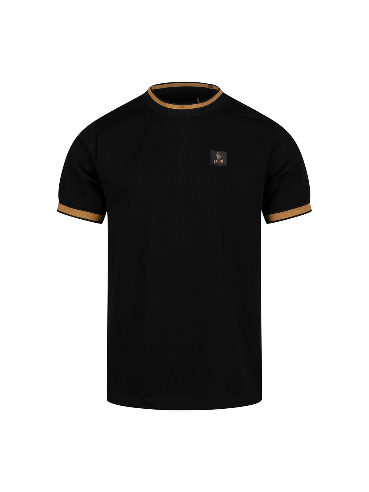 Men's black t-shirt with crew neck and short sleeves, front view