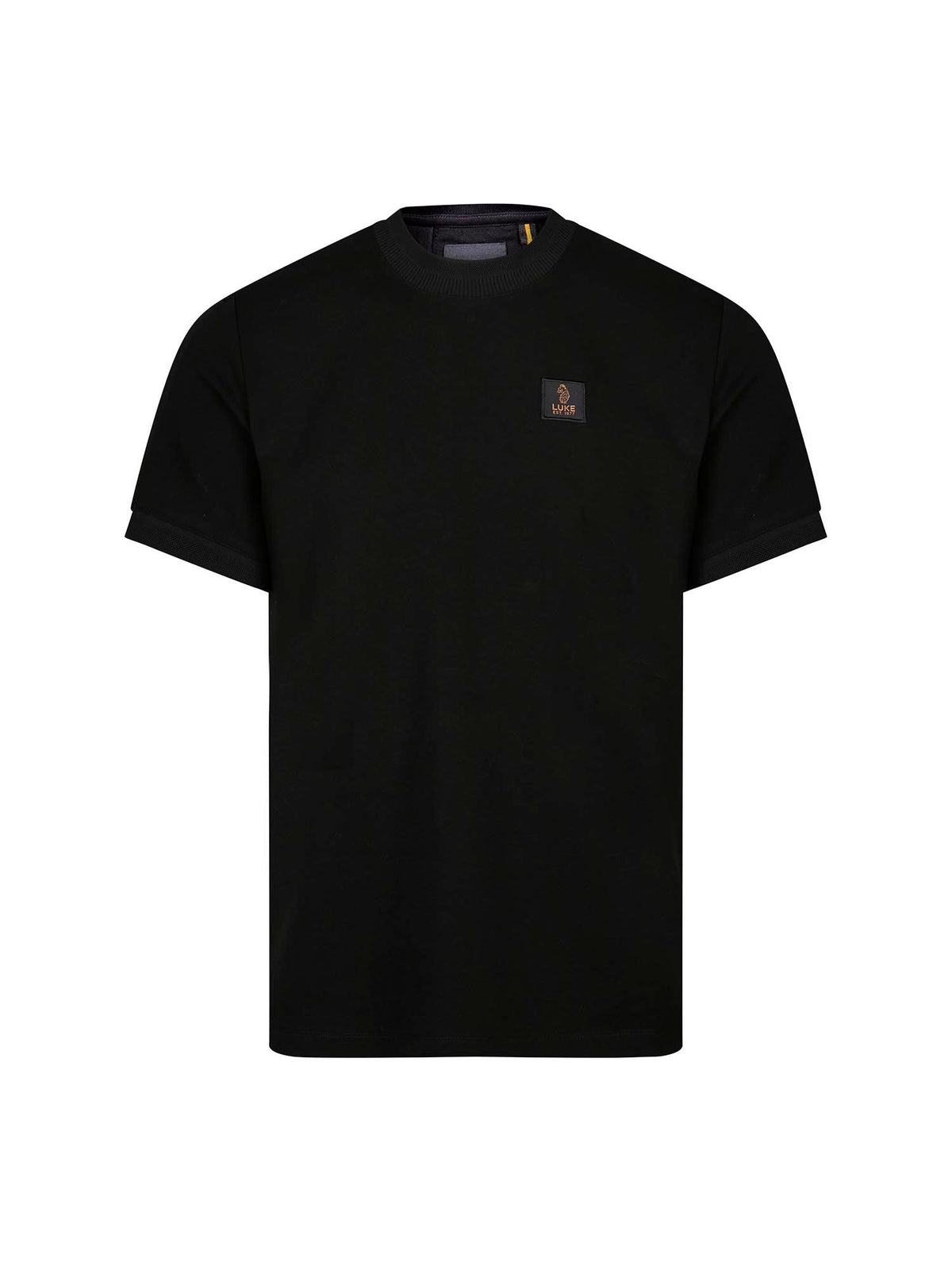 Men's black t-shirt with crew neck and short sleeves, front view