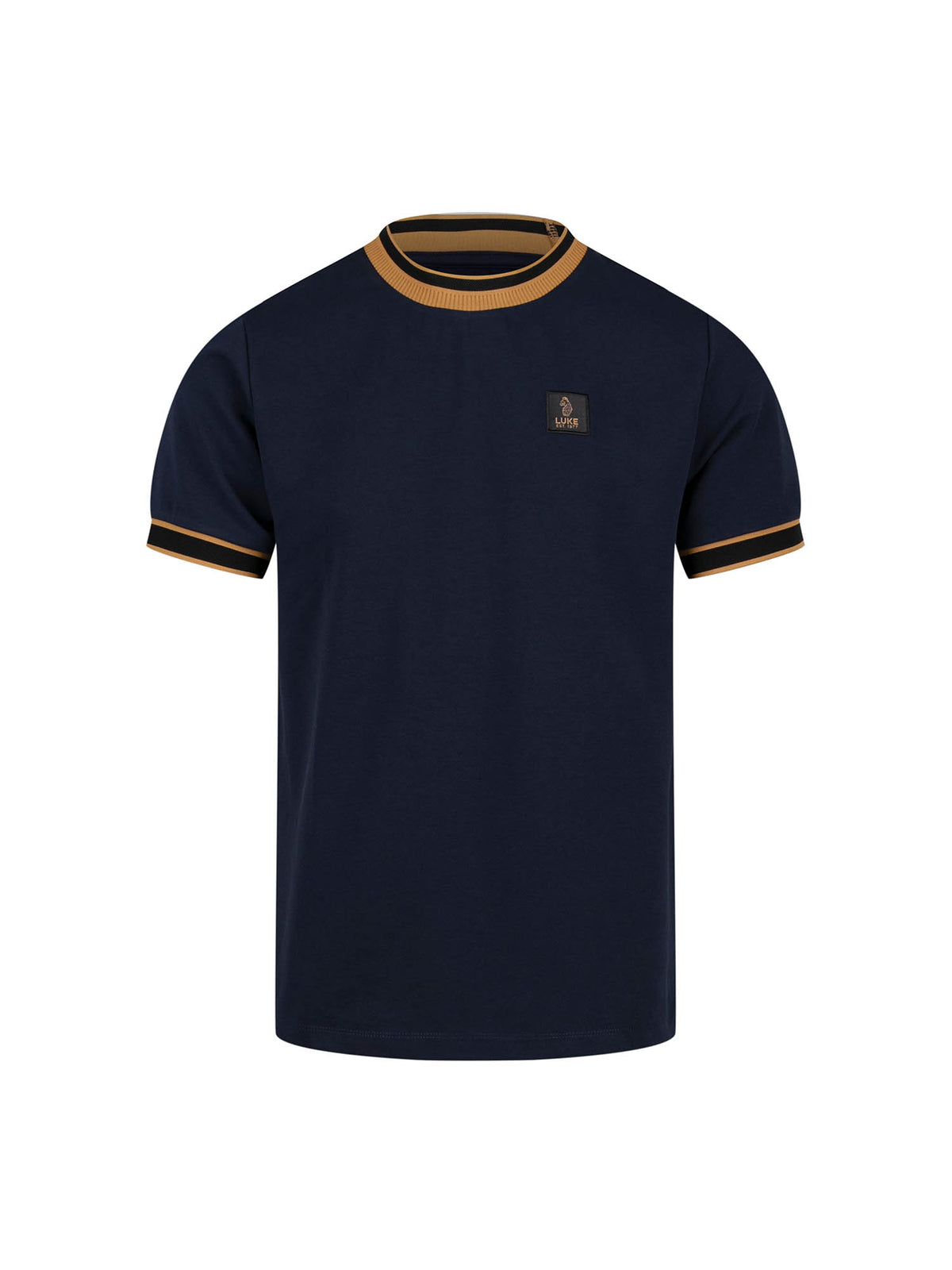 Men's navy t-shirt with crew neck and short sleeves - front view.