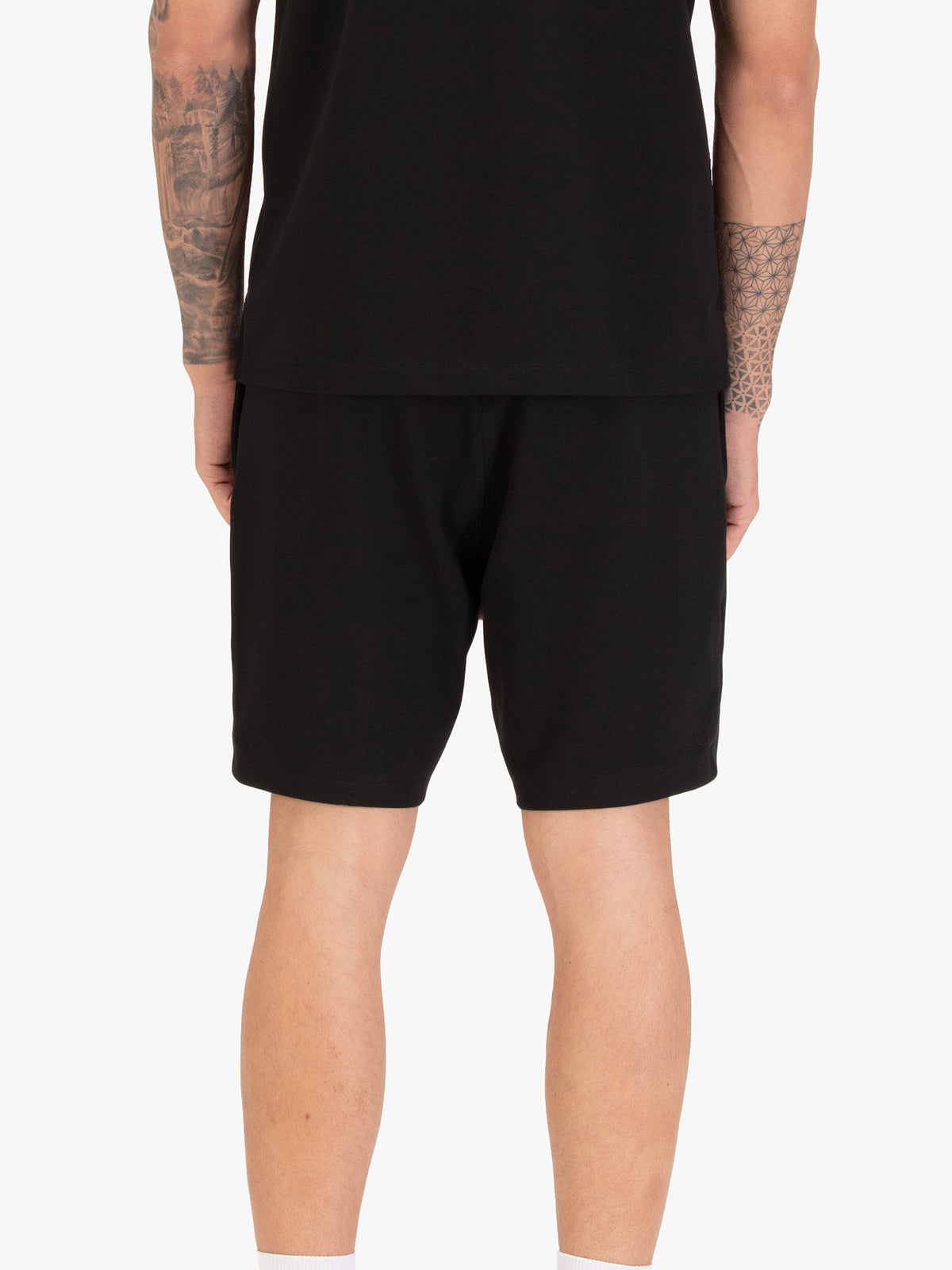 Men's black shorts with drawstring waistband, back view