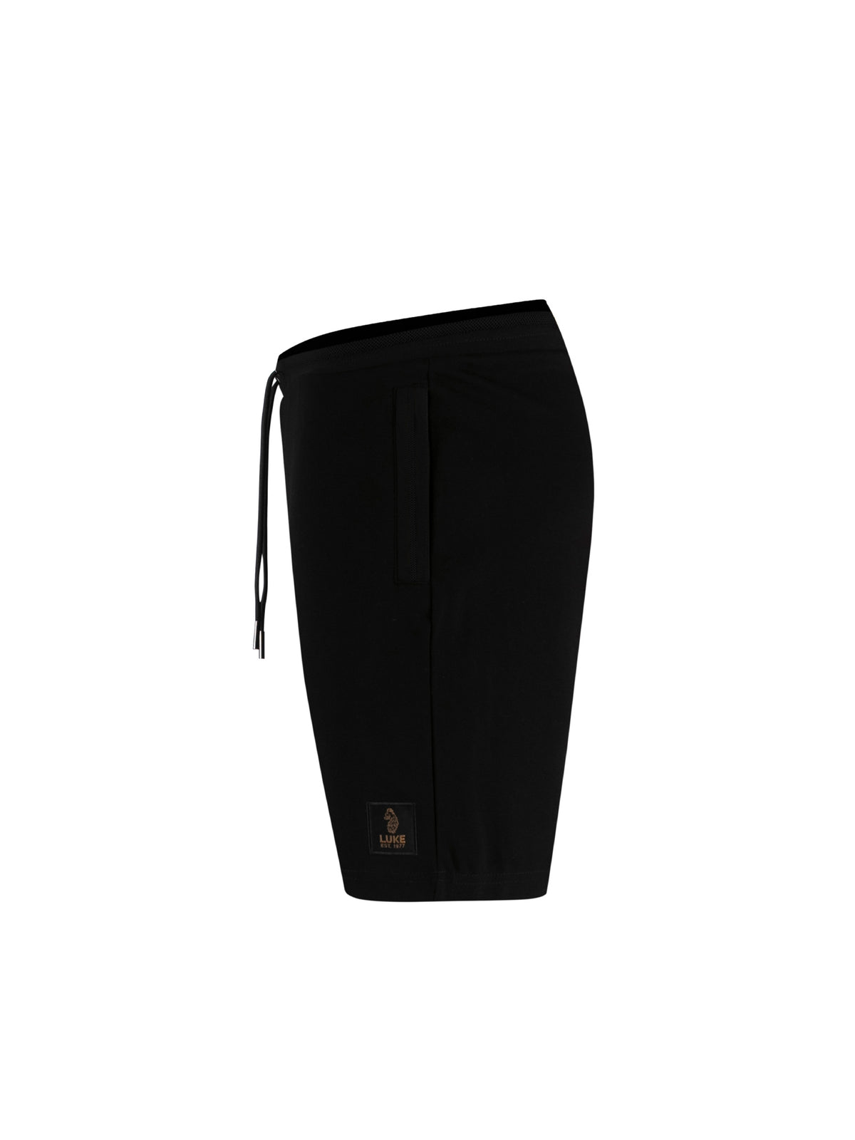 Men's black shorts with drawstring waistband, side view