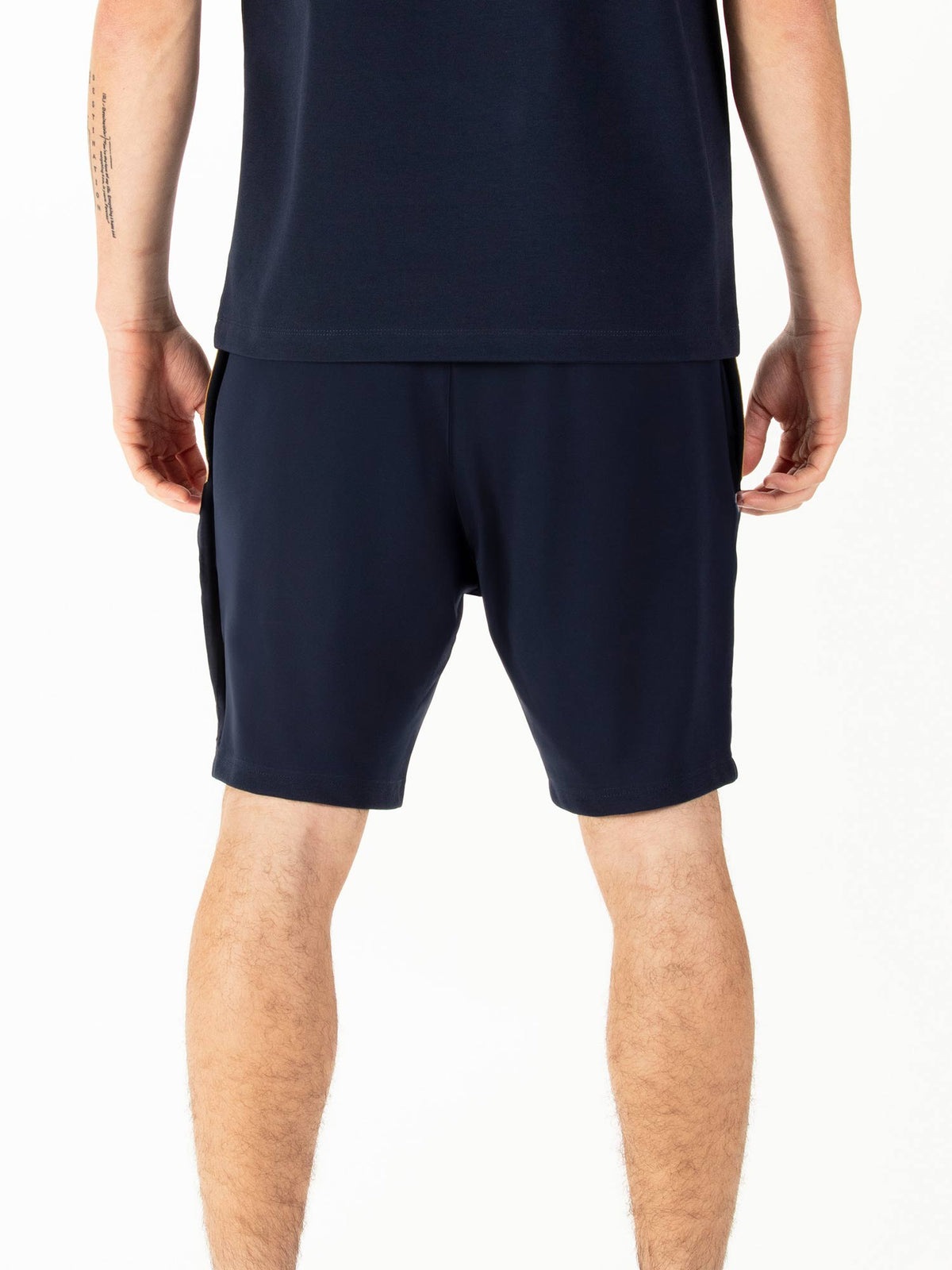Men's navy shorts with drawstring waistband.