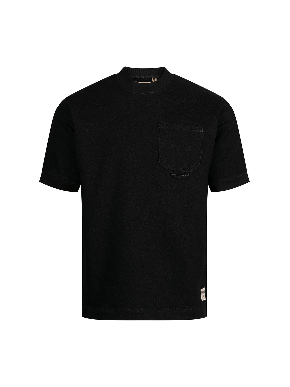Men's black t-shirt with crew neck and short sleeves - front view.